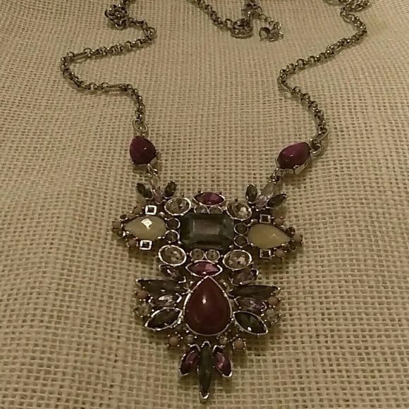 White House Black Market Silver Chain Long Necklace With Pink & Gray Rhinestones - Picture 1 of 6